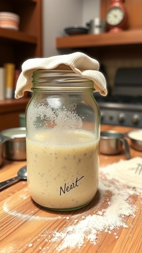 A jar of bubbling homemade yeast on a kitchen countertop with flour and baking tools.